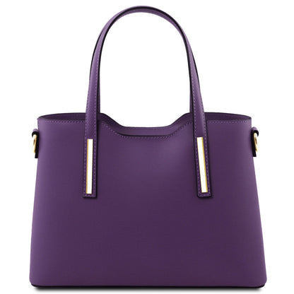 Olimpia - Italian leather tote - Small size | TL141521 in smooth purple leather with double top handles and gold hardware on white background