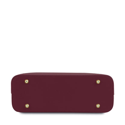 Olimpia - Italian leather tote - Small size | TL141521 in burgundy smooth leather with gold metal feet on white background