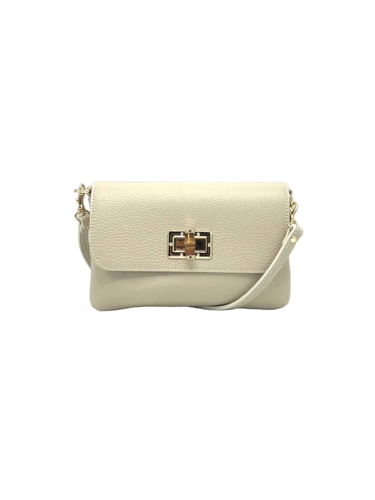 Orbetello leather shoulder bag in beige with pebbled texture and a gold turn-lock clasp