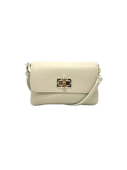 Orbetello leather shoulder bag in beige with pebbled texture and a gold turn-lock clasp