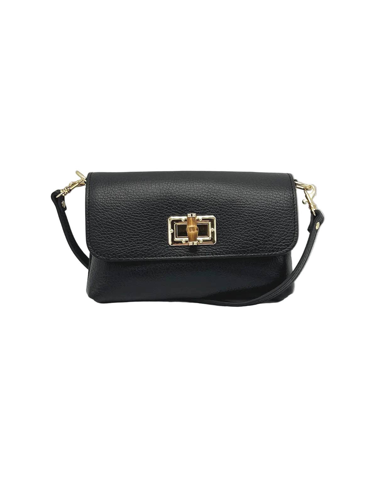 Orbetello leather shoulder bag in black with pebbled texture and a gold turn-lock clasp
