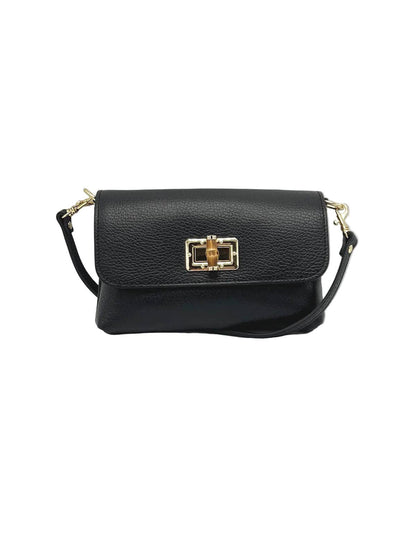 Orbetello leather shoulder bag in black with pebbled texture and a gold turn-lock clasp