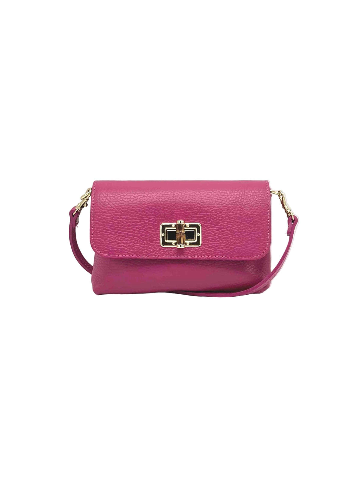 Pink handbag with a gold clasp on a white background