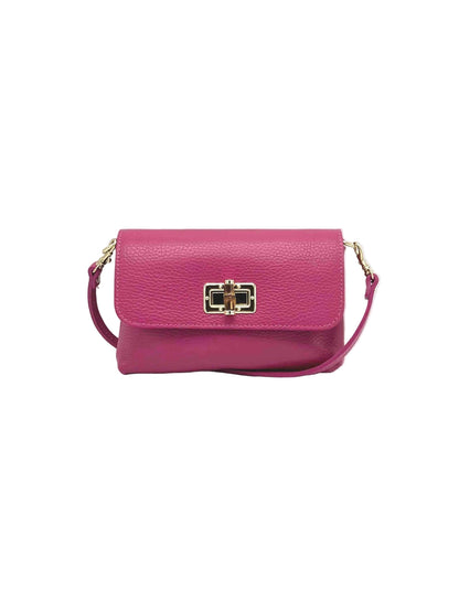 Pink handbag with a gold clasp on a white background