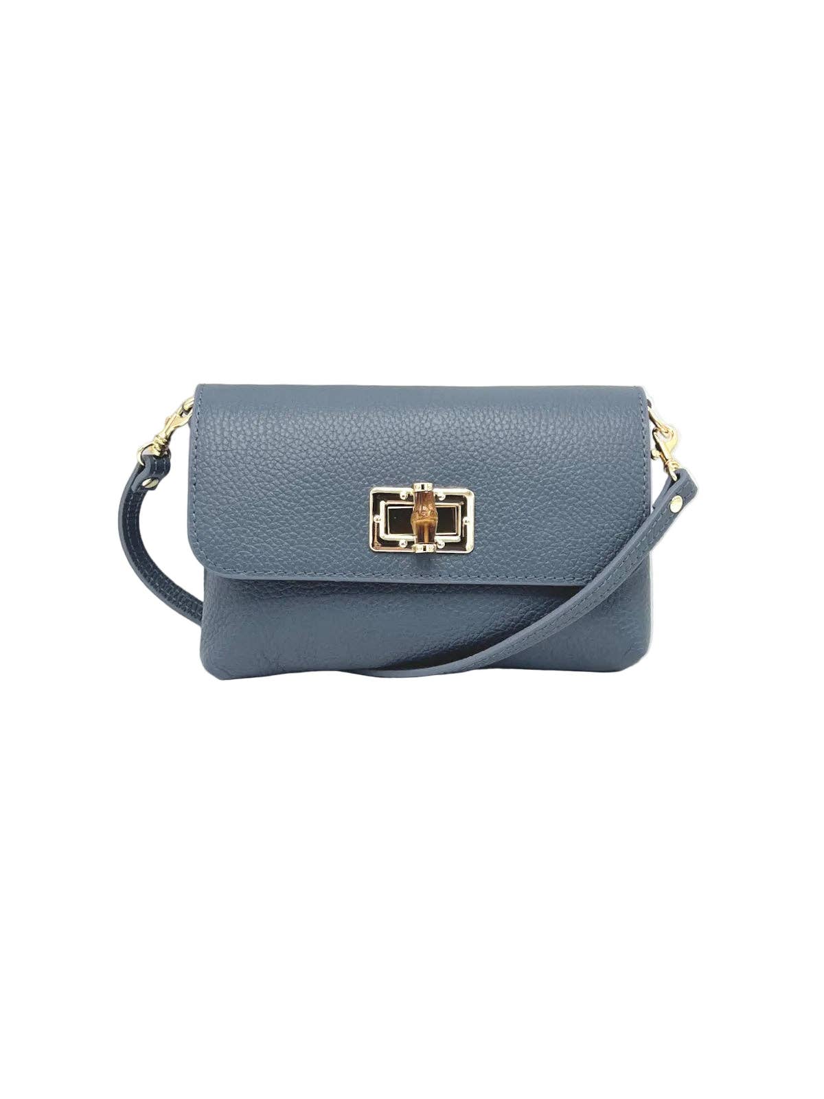 Orbetello leather shoulder bag in blue with pebbled texture and a gold turn-lock clasp