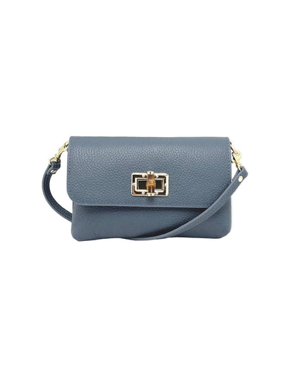 Orbetello leather shoulder bag in blue with pebbled texture and a gold turn-lock clasp