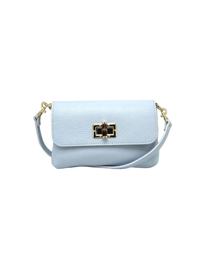 Light blue pebbled leather crossbody bag with a gold chain strap and gold hardware.