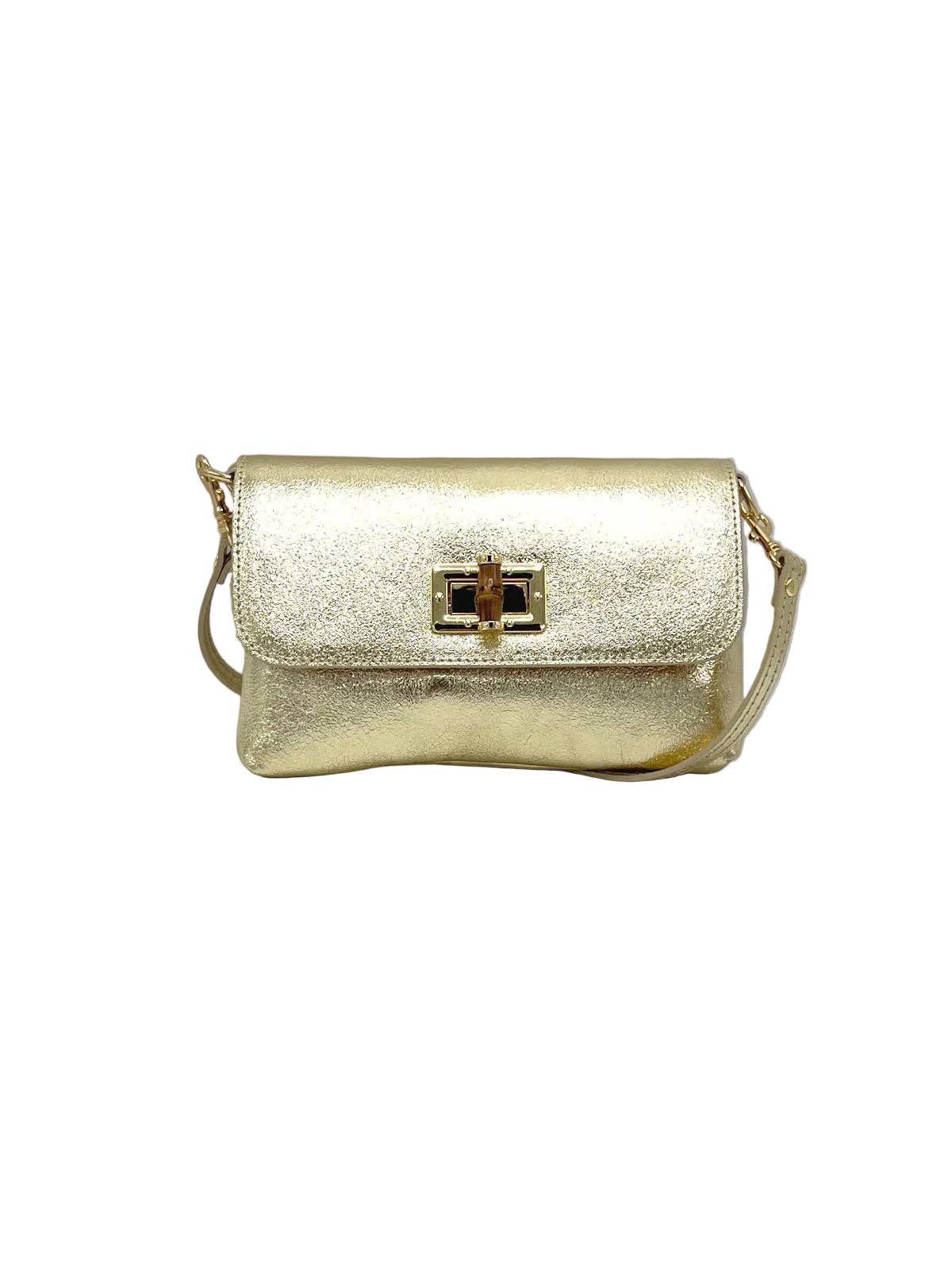 Orbetello leather shoulder bag in gold metallic finish with a front flap and gold turn-lock clasp