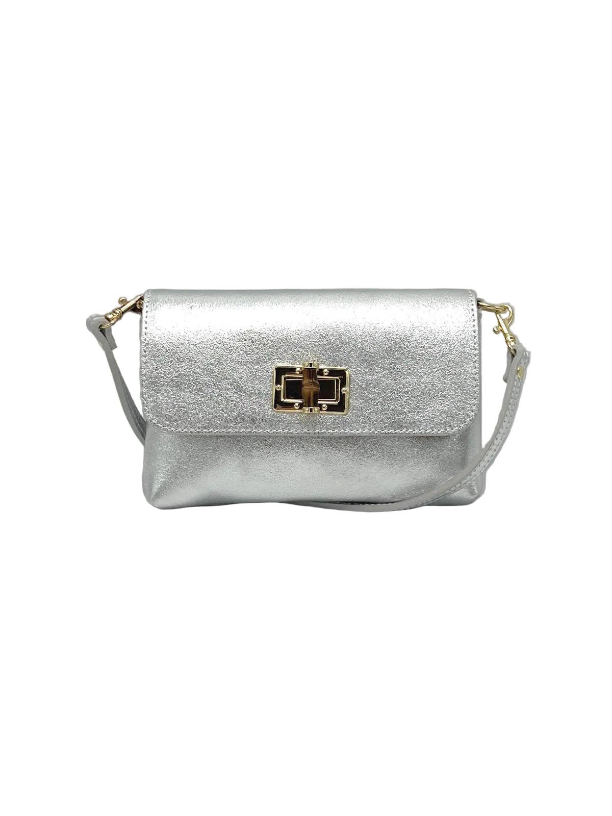 Silver metallic Orbetello shoulder bag with gold turn lock clasp and strap