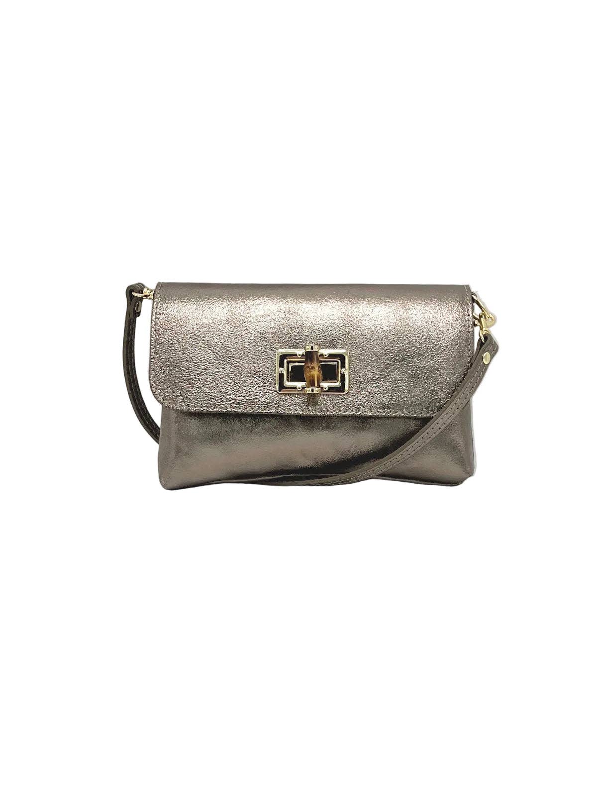 Orbetello leather shoulder bag in metallic taupe with a front flap and gold turn-lock clasp