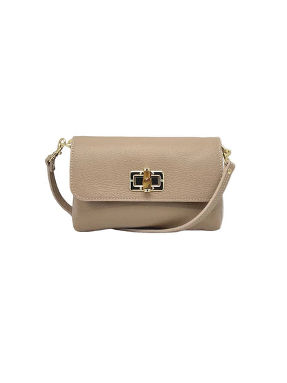 Orbetello leather shoulder bag in taupe beige with gold turnlock clasp and matching strap.