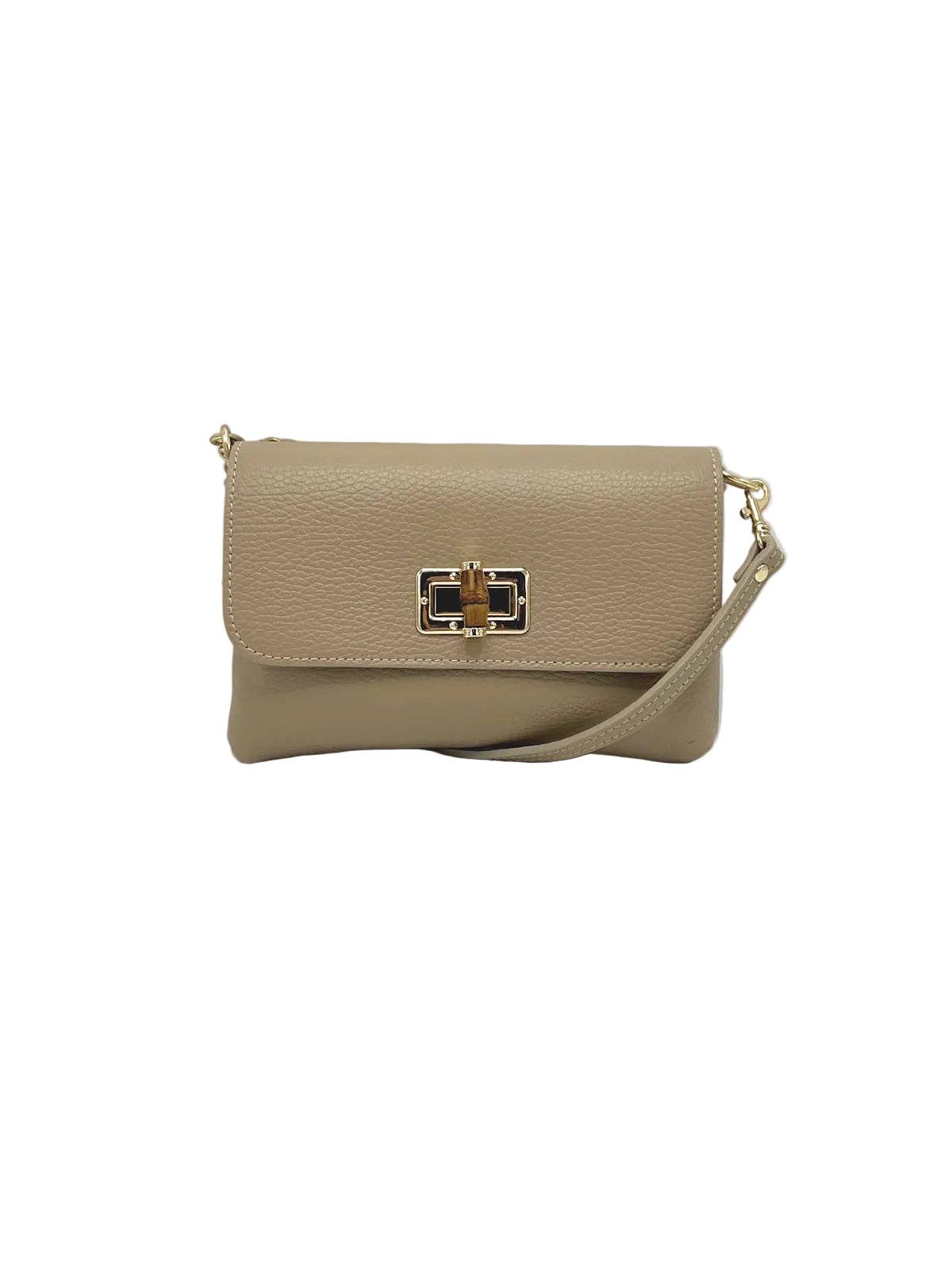 Orbetello leather shoulder bag in warm taupe with gold hardware and an adjustable strap.