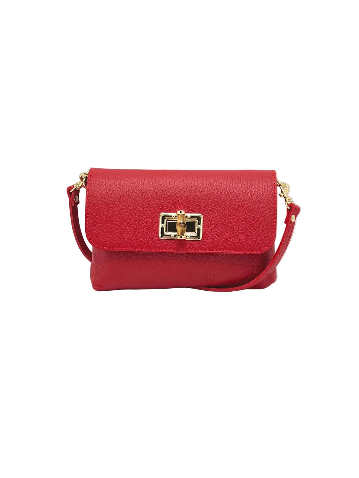 Red pebbled leather Orbetello shoulder bag with gold turn lock clasp and crossbody strap