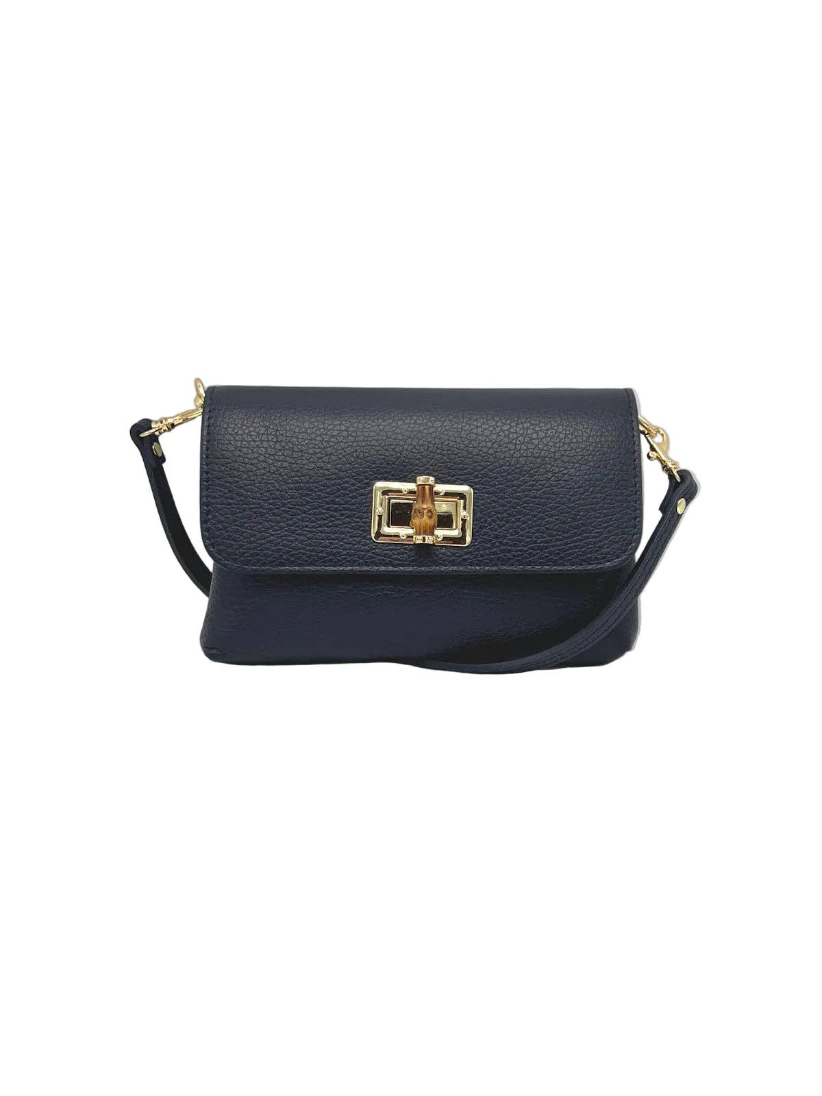 Orbetello leather shoulder bag in navy with a front flap and gold turn-lock clasp