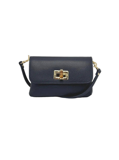 Orbetello leather shoulder bag in navy with a front flap and gold turn-lock clasp