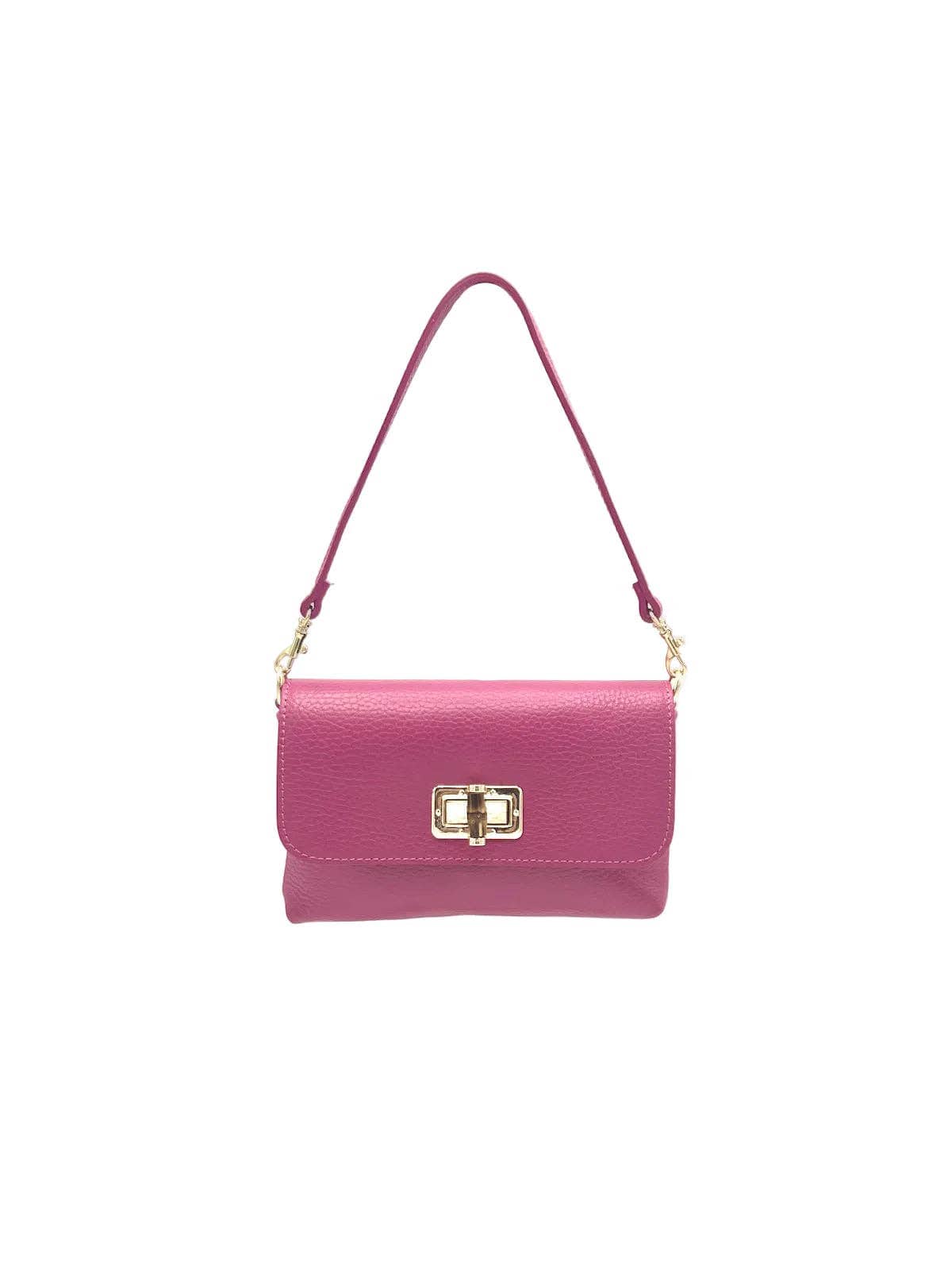 Pink handbag with a gold clasp on a white background