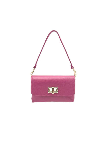 Pink handbag with a gold clasp on a white background
