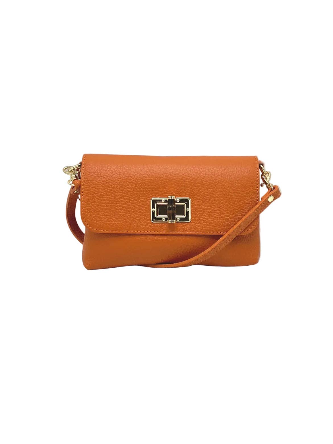 Orange pebbled leather Orbetello shoulder bag with gold turn lock clasp and strap