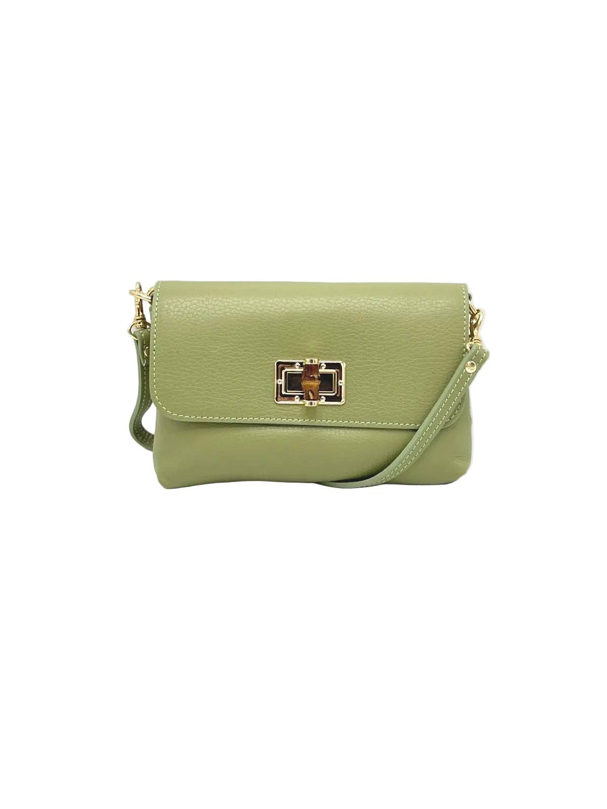 Orbetello Leather Shoulder Bag in olive green with a gold turnlock clasp.