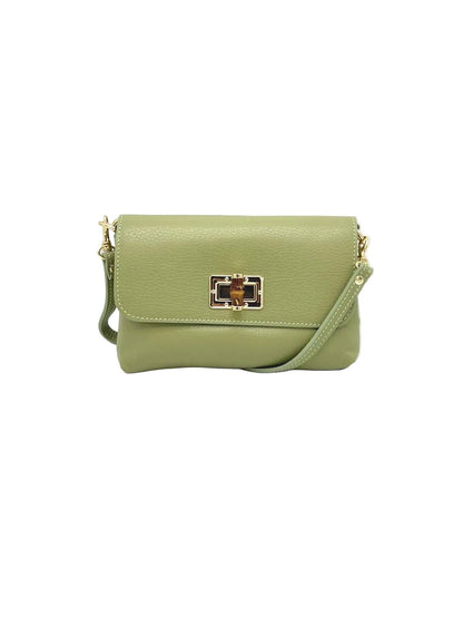Orbetello Leather Shoulder Bag in olive green with a gold turnlock clasp.