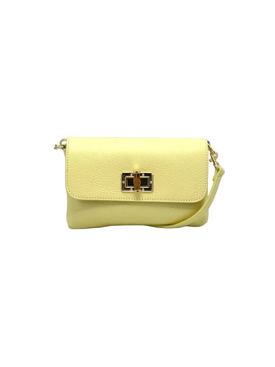 Orbetello Leather Shoulder Bag in pastel yellow with a gold turnlock clasp.