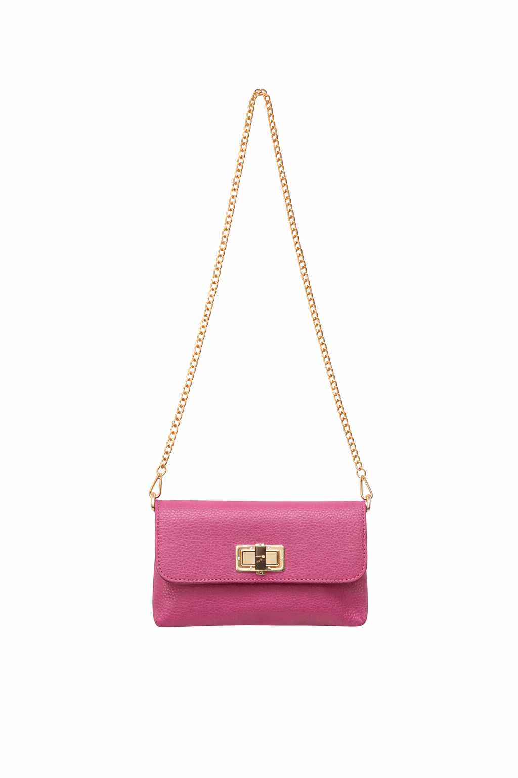 Magenta pebbled leather shoulder bag with a gold chain strap and a gold turn-lock clasp.