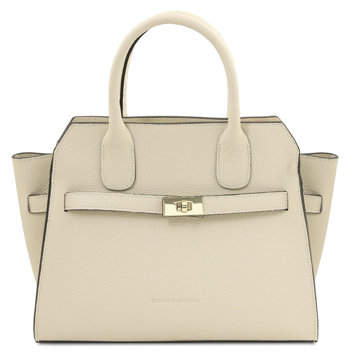 Beige handbag with a gold clasp on a white background