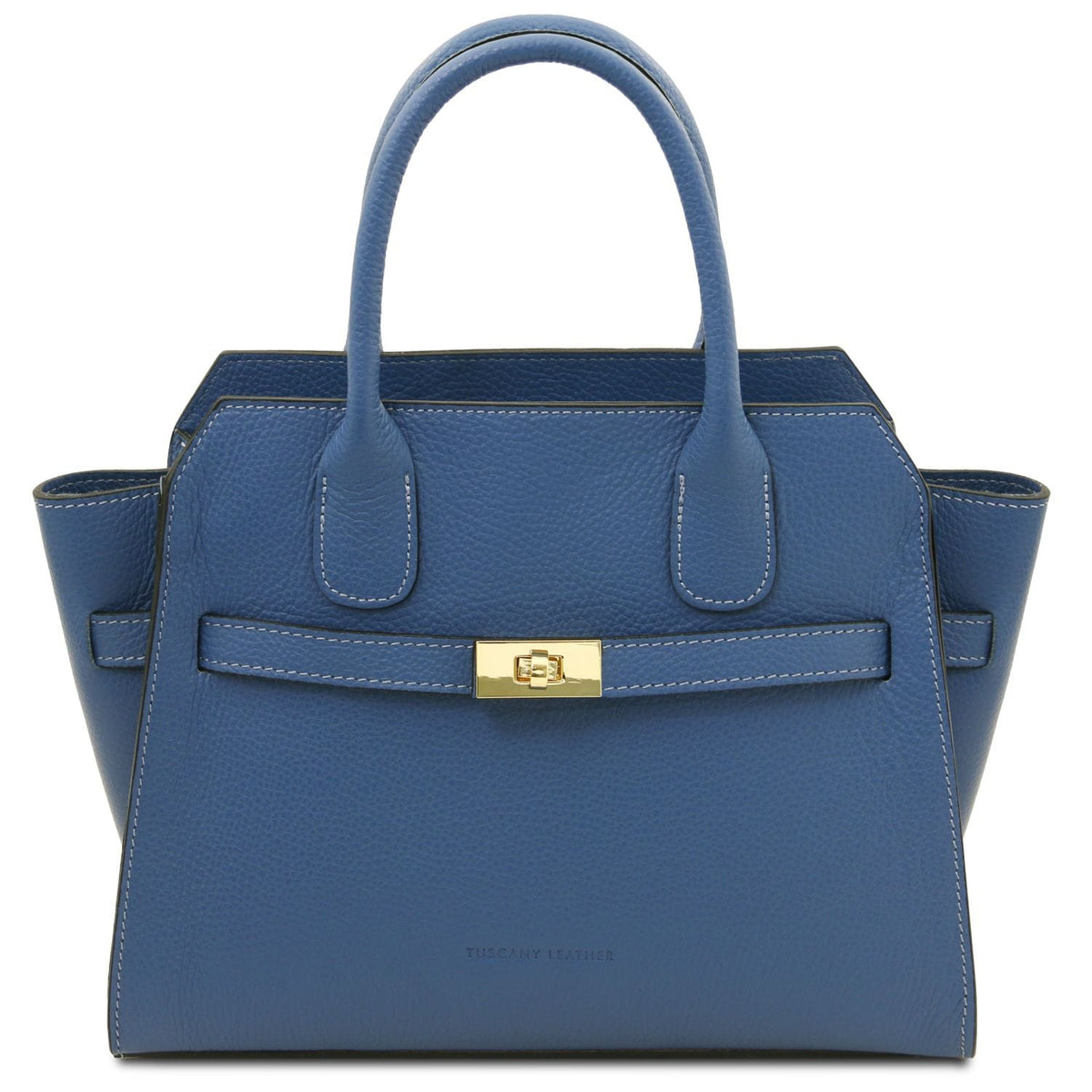 Blue Origami leather tote with two top handles and front gold clasp detail.