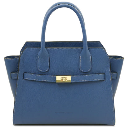 Blue Origami leather tote with two top handles and front gold clasp detail.