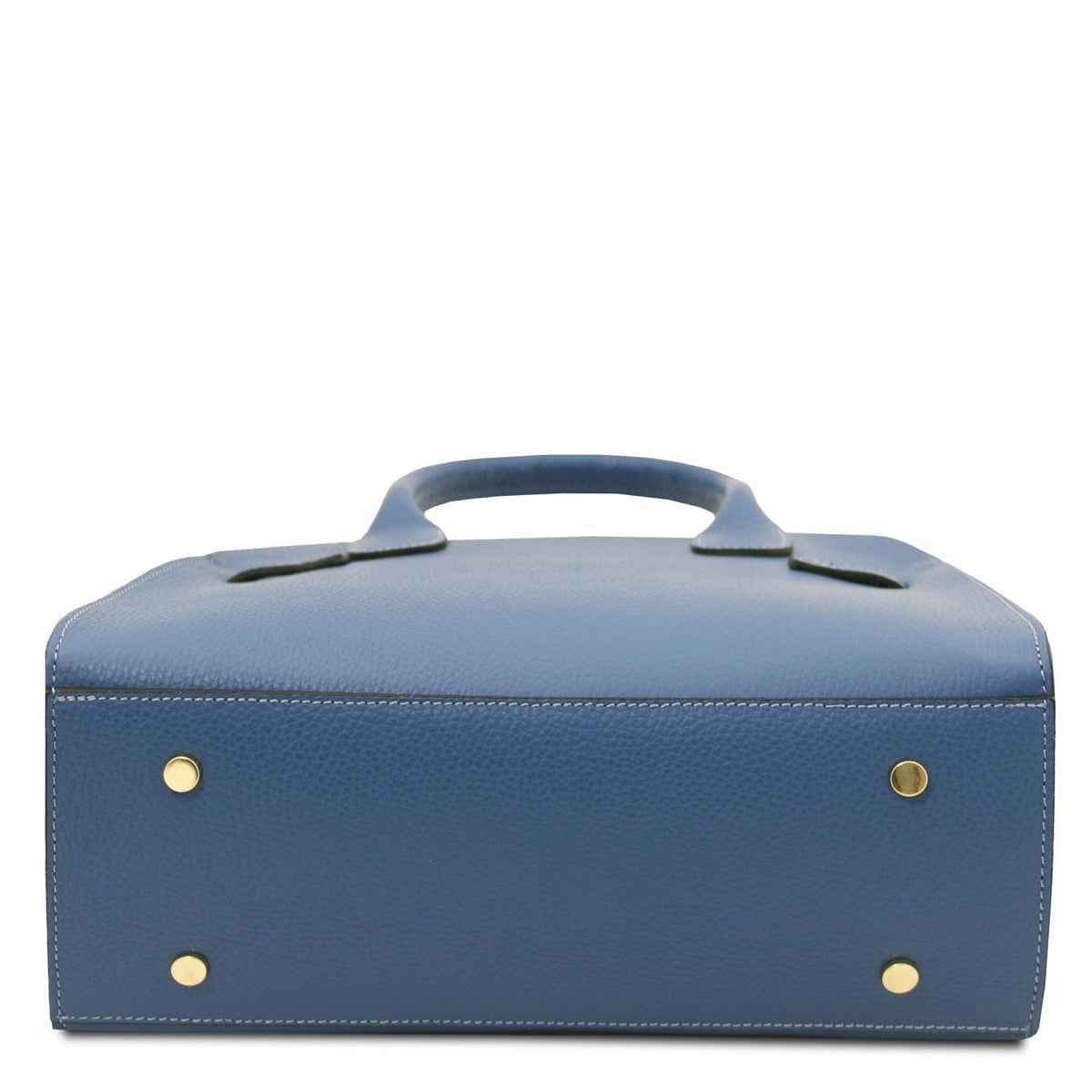 Blue pebbled Italian leather tote bag base with four gold metal protective feet and detailed contrasting stitching.