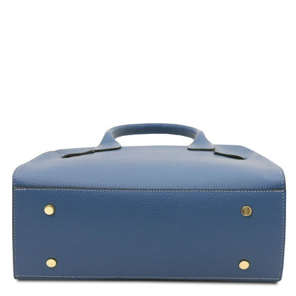 Blue pebbled Italian leather tote bag base with four gold metal protective feet and detailed contrasting stitching.