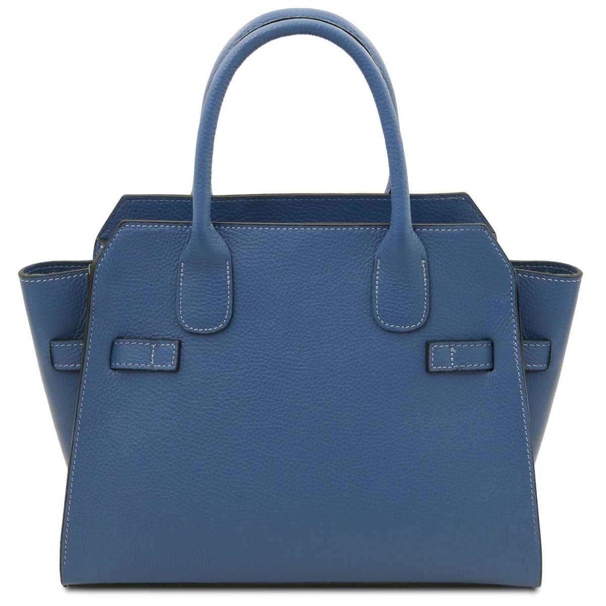 Blue full-grain leather tote bag with double handles and structured design, crafted in Italy with fine stitching details.