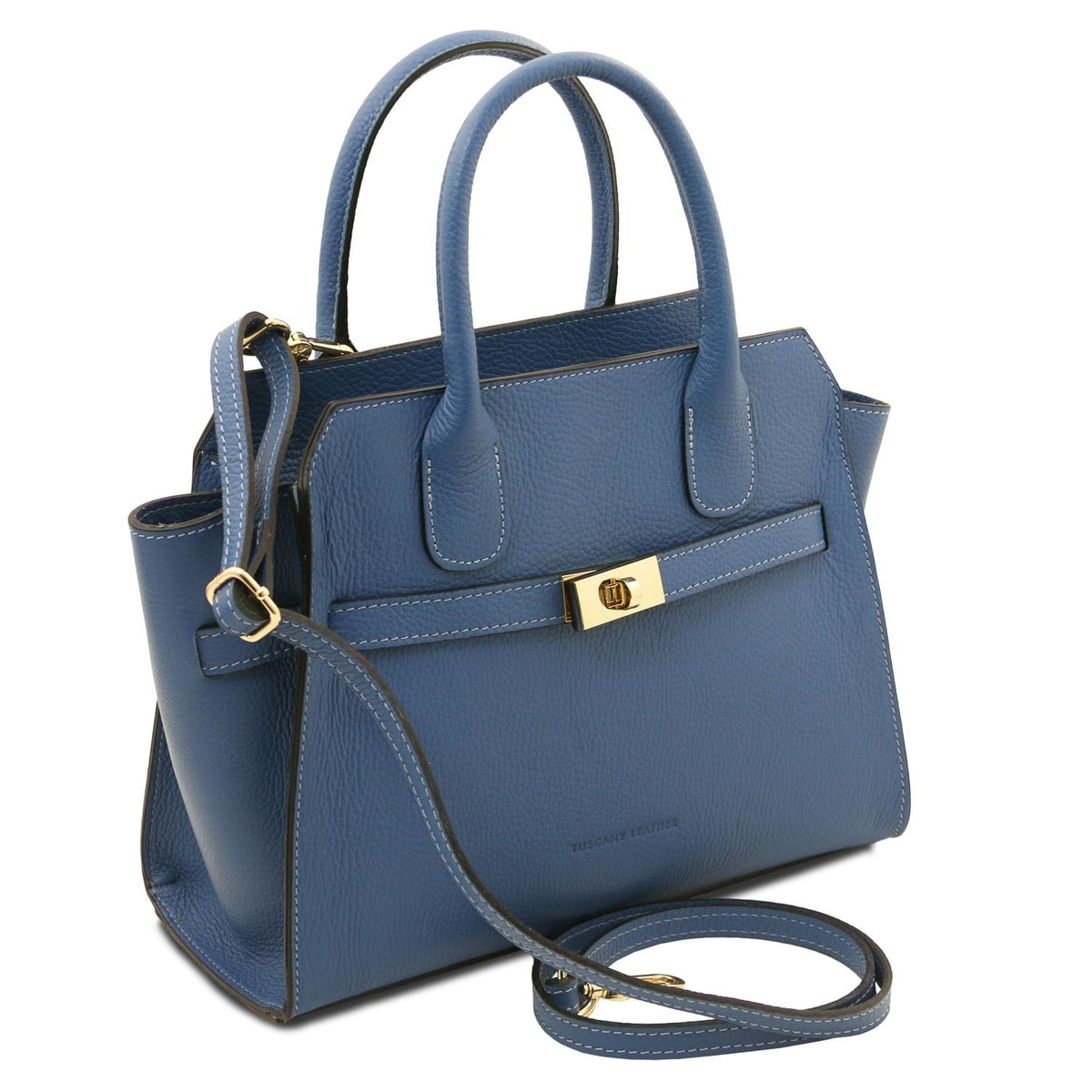 Blue pebbled leather tote with two top handles and a detachable strap featuring a gold front turnlock.