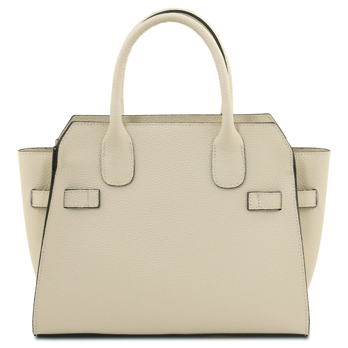 Beige textured leather tote with two top handles and subtle black edging