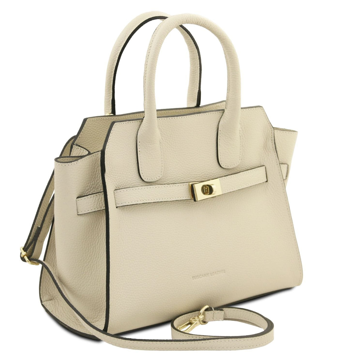 Beige pebbled leather tote with two top handles, black edge trim, front strap with gold clasp, and a detachable shoulder strap