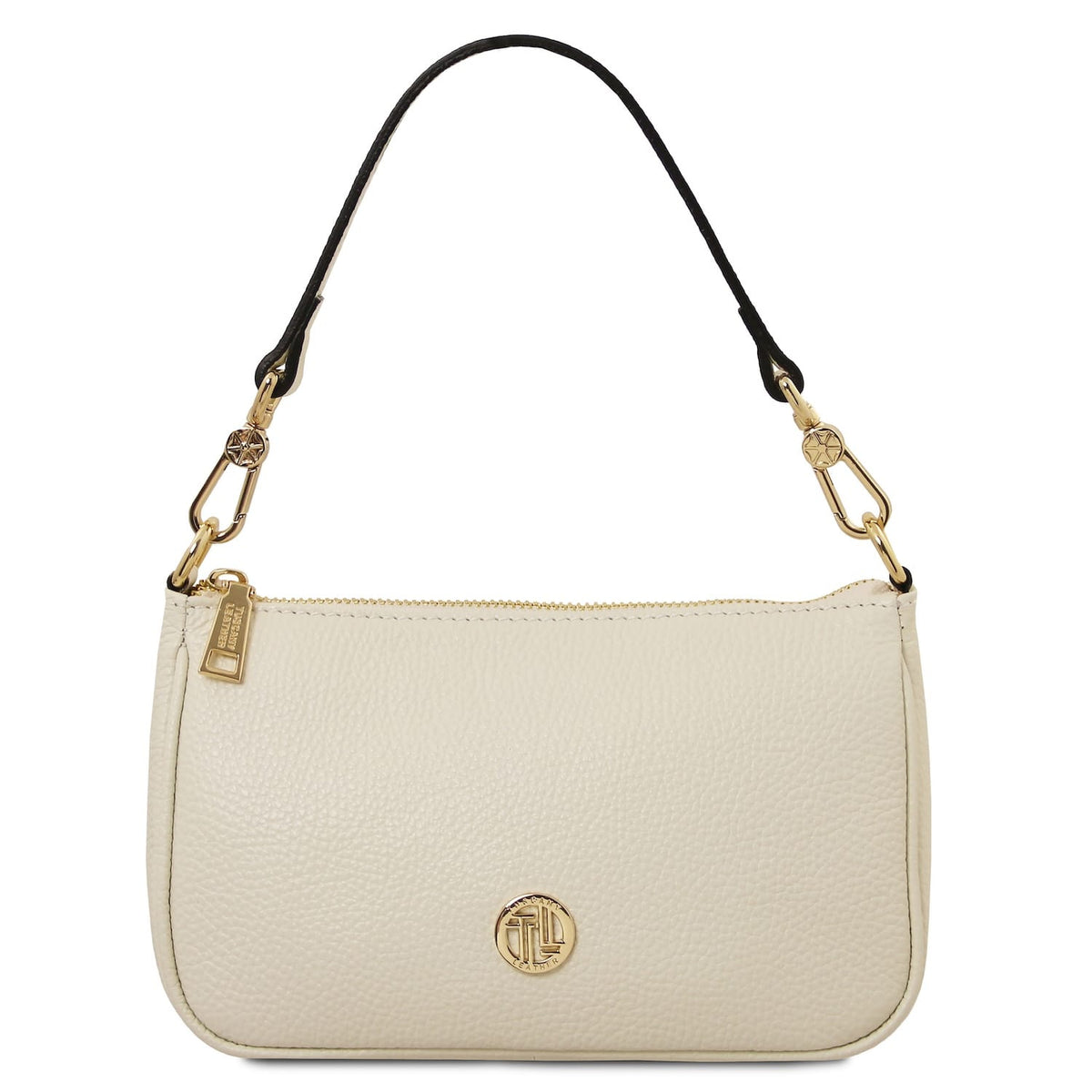 Beige Parfait leather clutch con nero manico superiore e emblema logo color oro