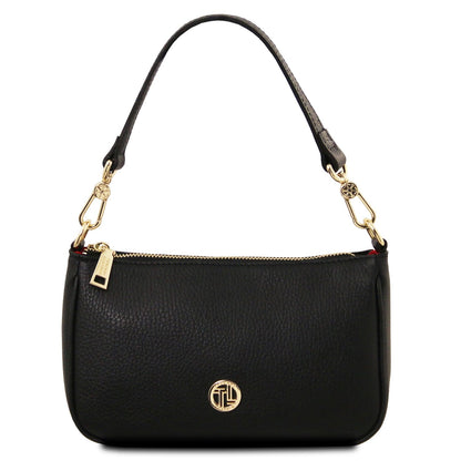 Nero Parfait leather clutch con zip color oro e circular logo color oro medallion e removable strap