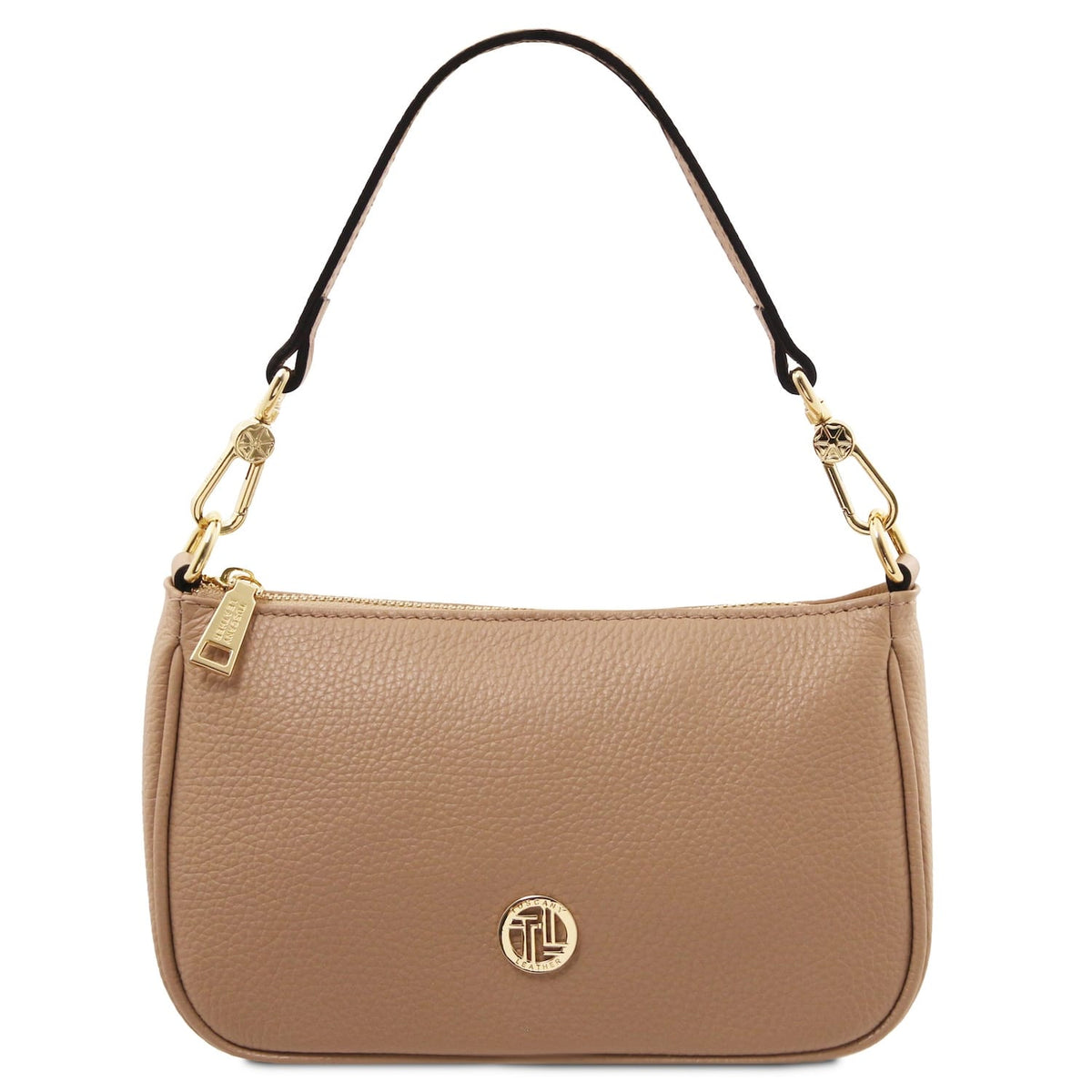 Taupe Parfait leather clutch con nero manico superiore e accessori metallici color oro