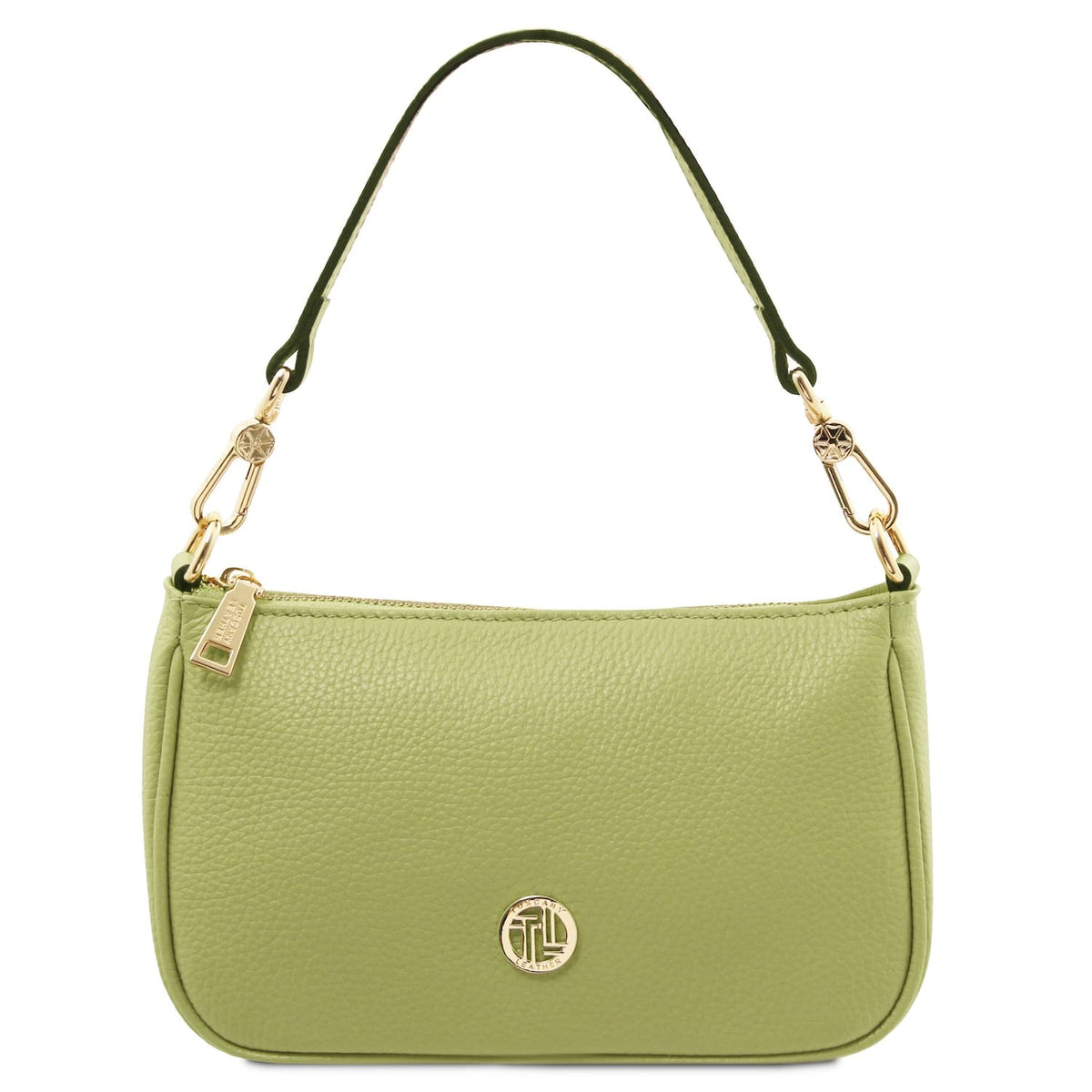 Lime verde Parfait leather clutch con accessori metallici color oro e tracolla removibile.