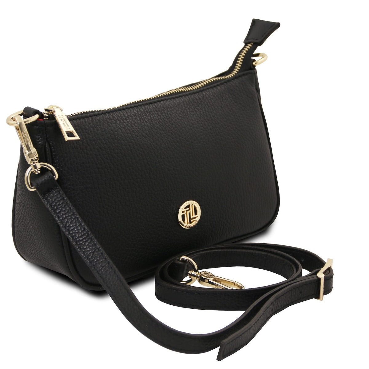 Vista laterale of nero Parfait leather clutch con top zip color oro e tracolla removibile