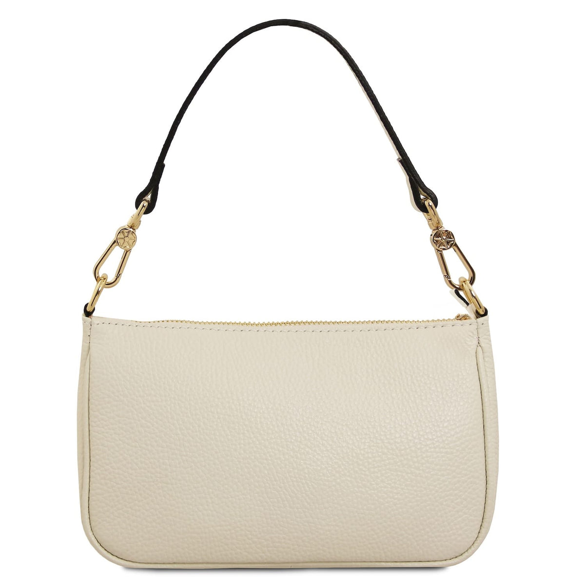 Beige pelle martellata crossbody bag con accessori metallici color oro e detachable two-tone strap.
