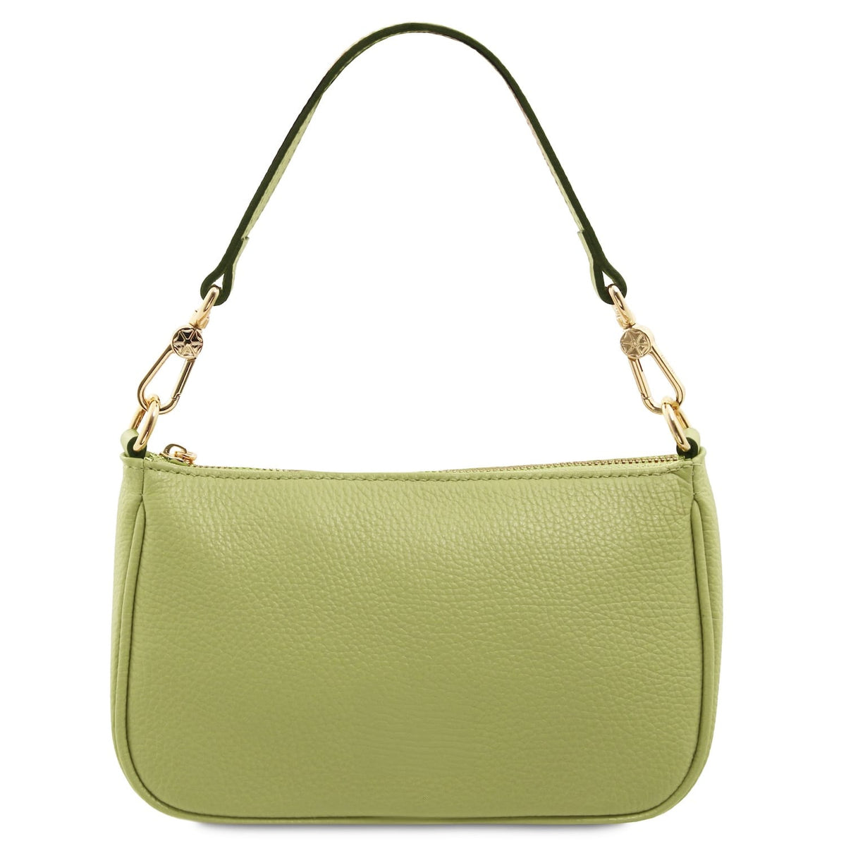 Lime verde pelle martellata clutch con a short tracolla removibile e accessori metallici color oro.