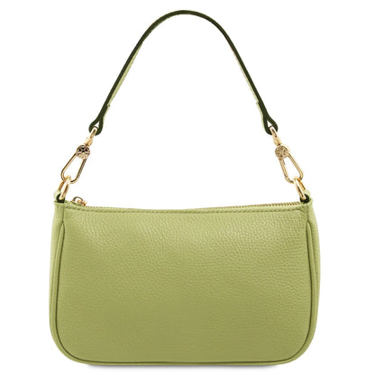 Lime verde pelle martellata clutch con a short tracolla removibile e accessori metallici color oro.