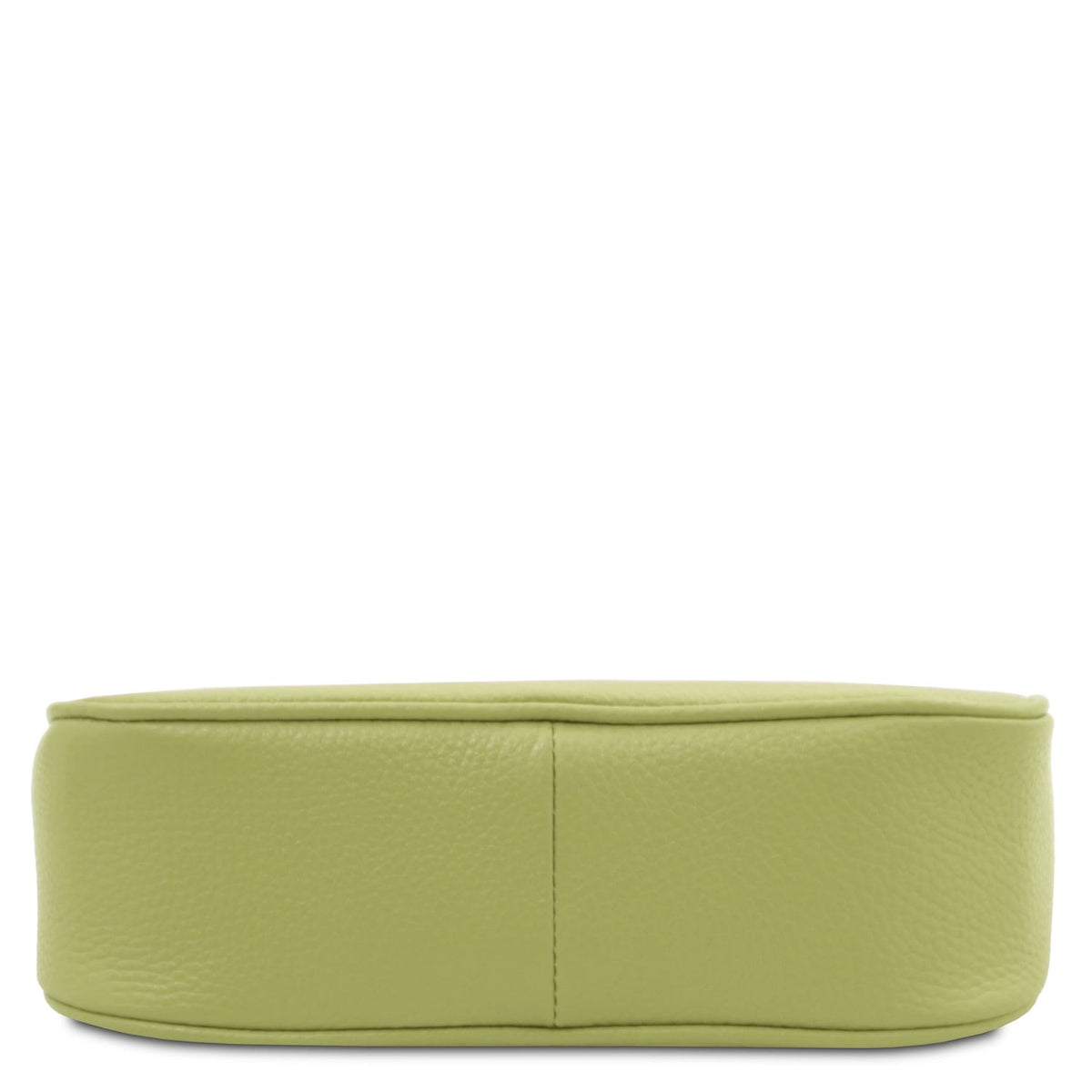 Aperto verde lime leather clutch interior con fodera beige, tasca con zip, e Tuscan Leather label.