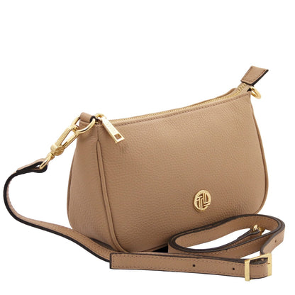 Parfait cuoio pebble leather clutch con zip color oro e tracolla removibile