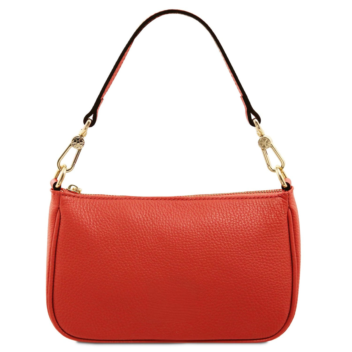 Rosso leather clutch con zip color oro e gold circular logo on the front against a bianco background