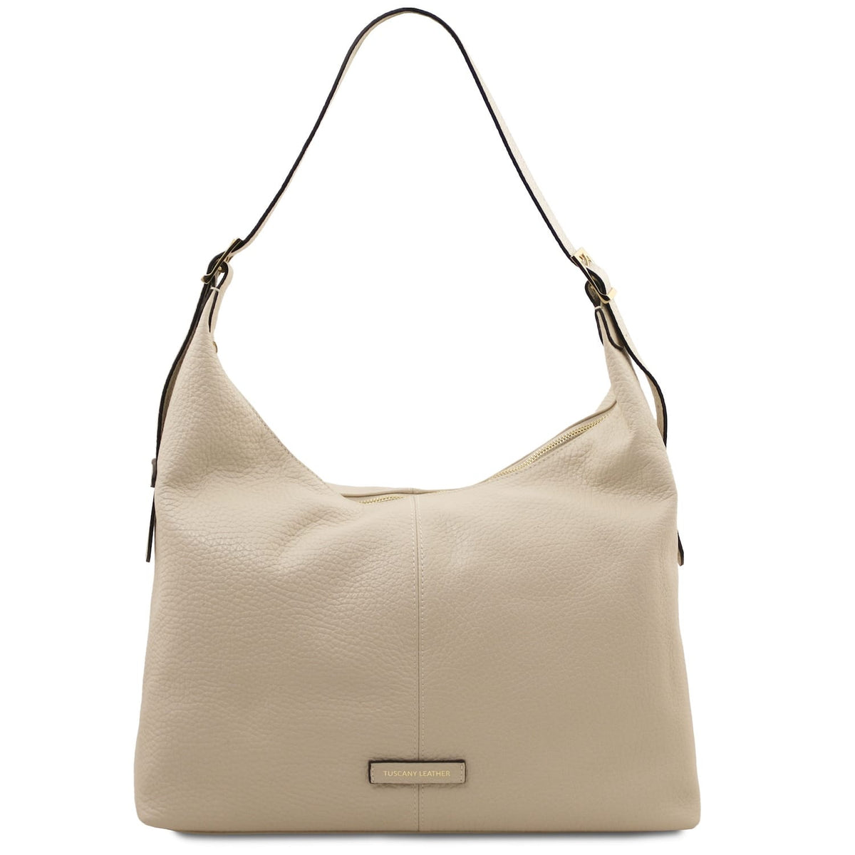 Beige textured leather bolso shopper by Plenia with a top zipper and correa de hombro ajustable