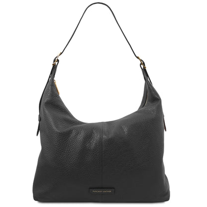Negro leather hobo style shopper with rounded silhouette and single shoulder strap