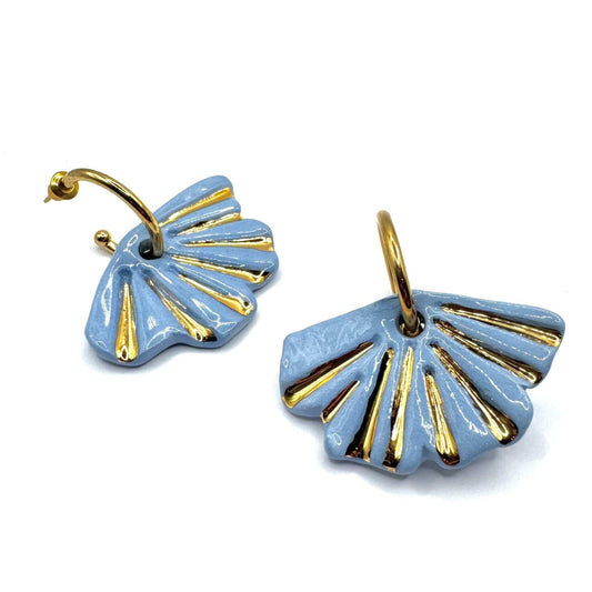Pair of light blue fan shaped ceramic earrings with gold detailing