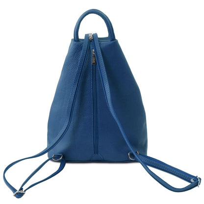 Blu pelle martellata backpack con manico superiore e long shoulder straps.